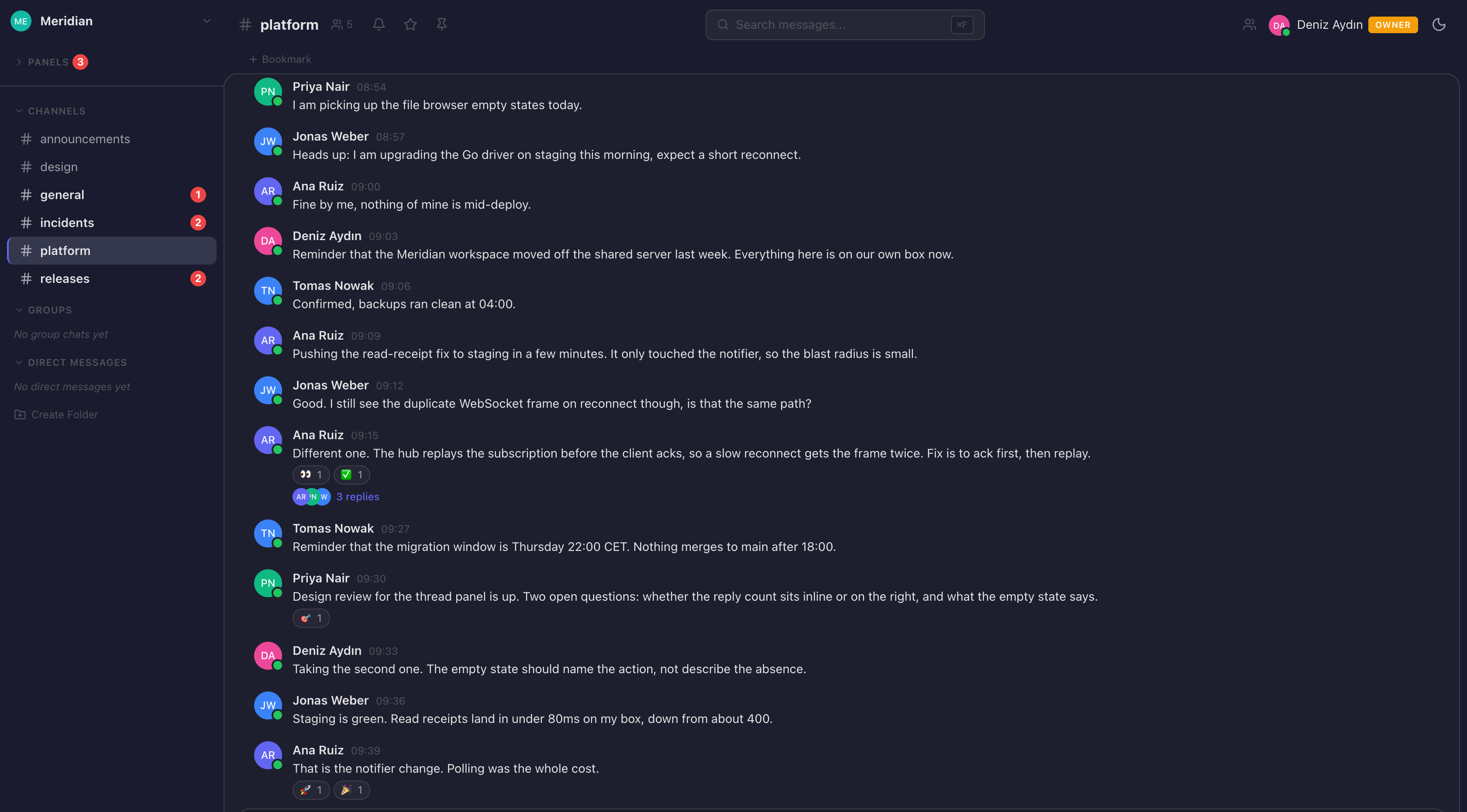 The Tulpar client showing the platform channel of a workspace: a threaded engineering conversation with reactions, presence indicators and a message composer.