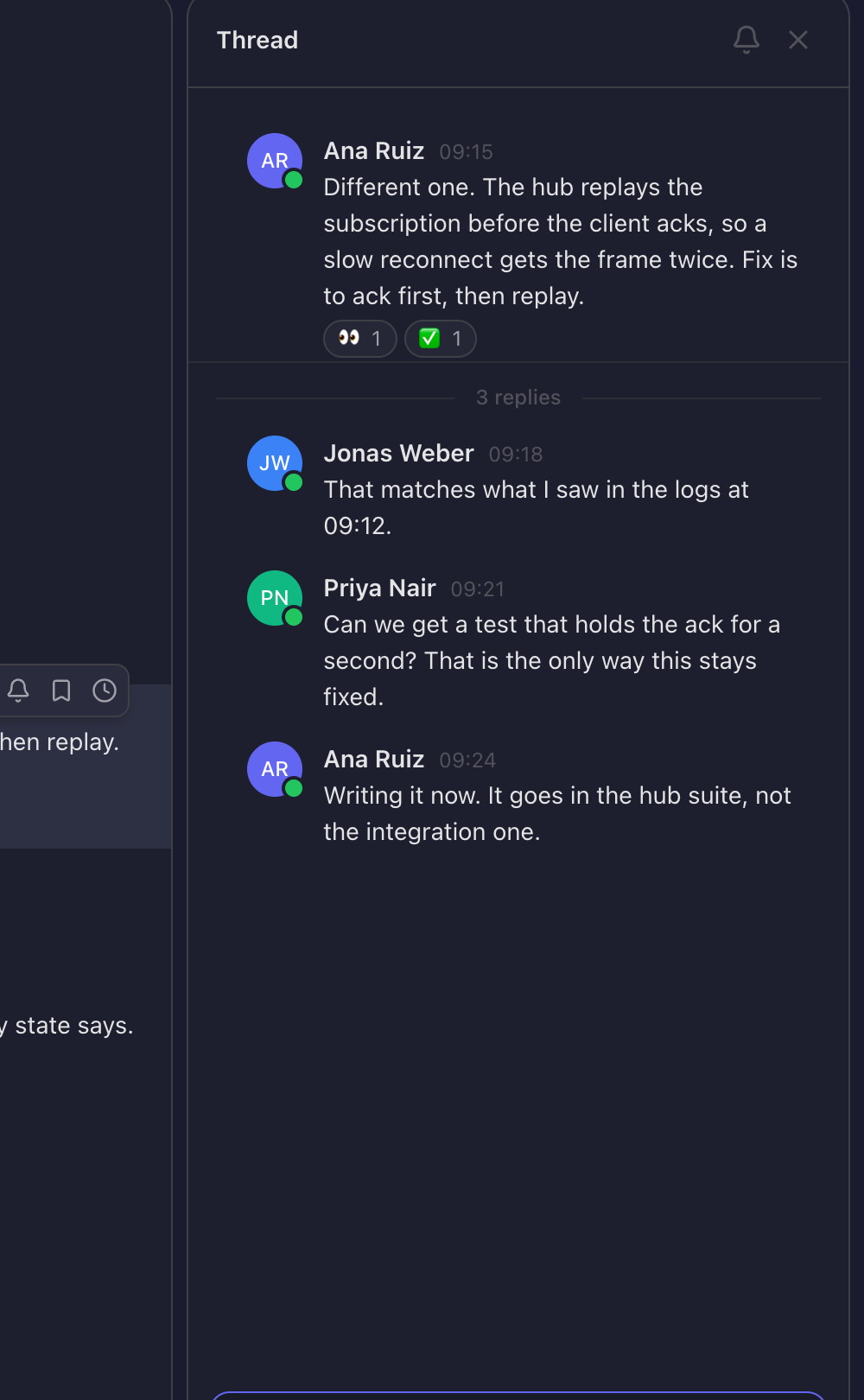 The same channel with the thread panel open on the right, showing a parent message and its three replies.