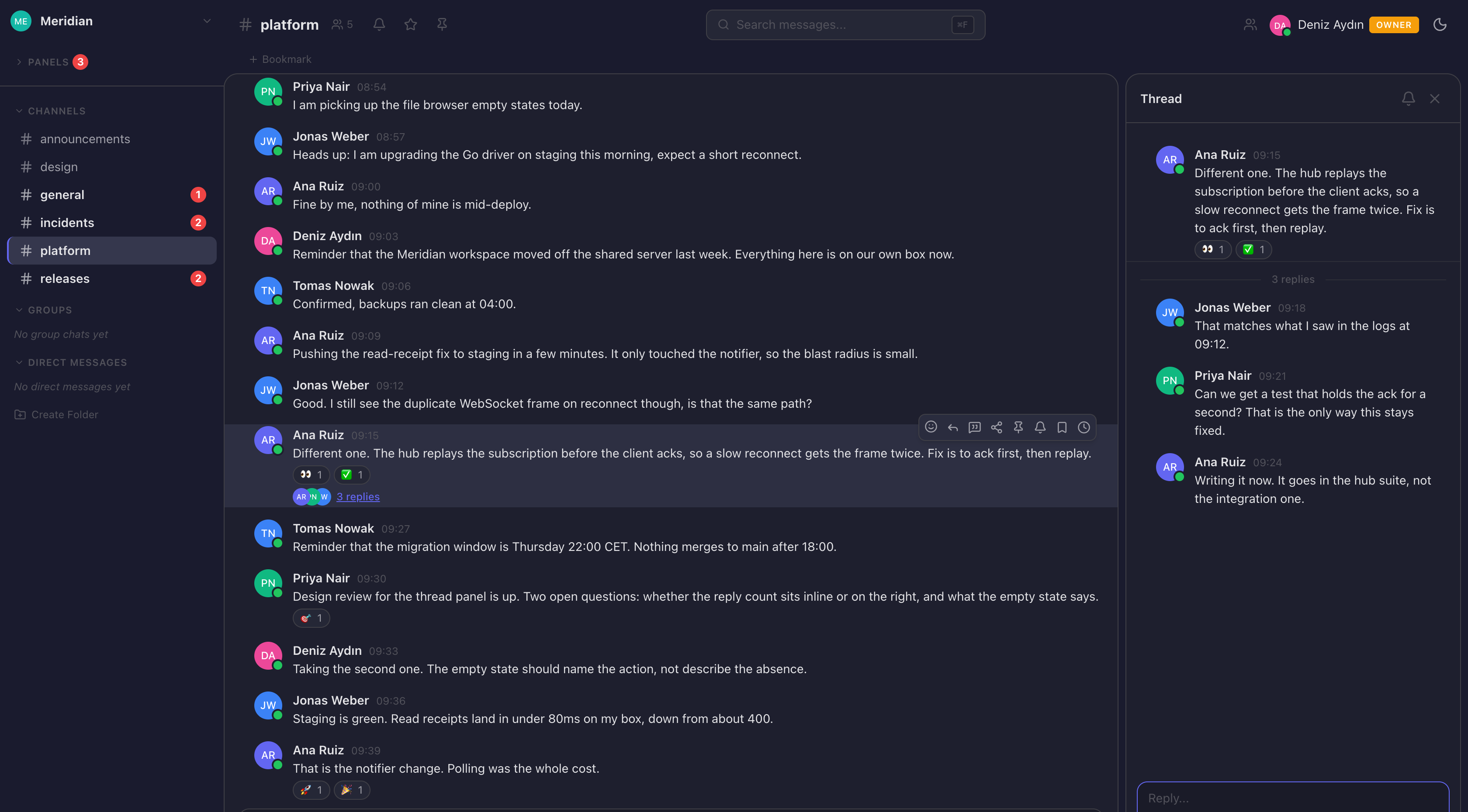 The same channel with the thread panel open on the right, showing a parent message and its three replies.